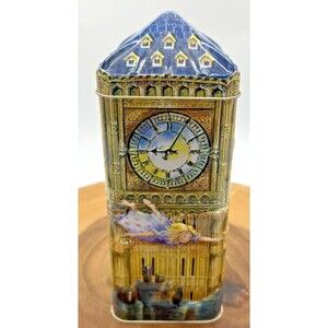 Vintage Churchill’s Peter Pan Big Ben Clock, Embossed Toffee Tin Coin Bank Box